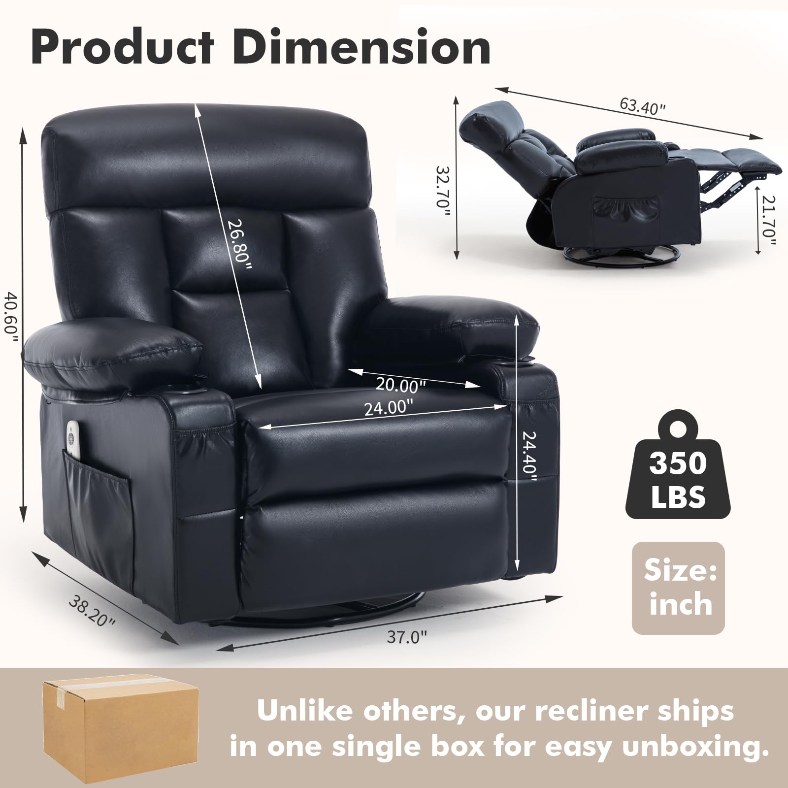 Recliner Chair with Heat and Massage, 360° Swivel Rocking Recliner for Adult, Overstuffed Armrest Faux Leather Manual Recliner with Cup Holders,Black