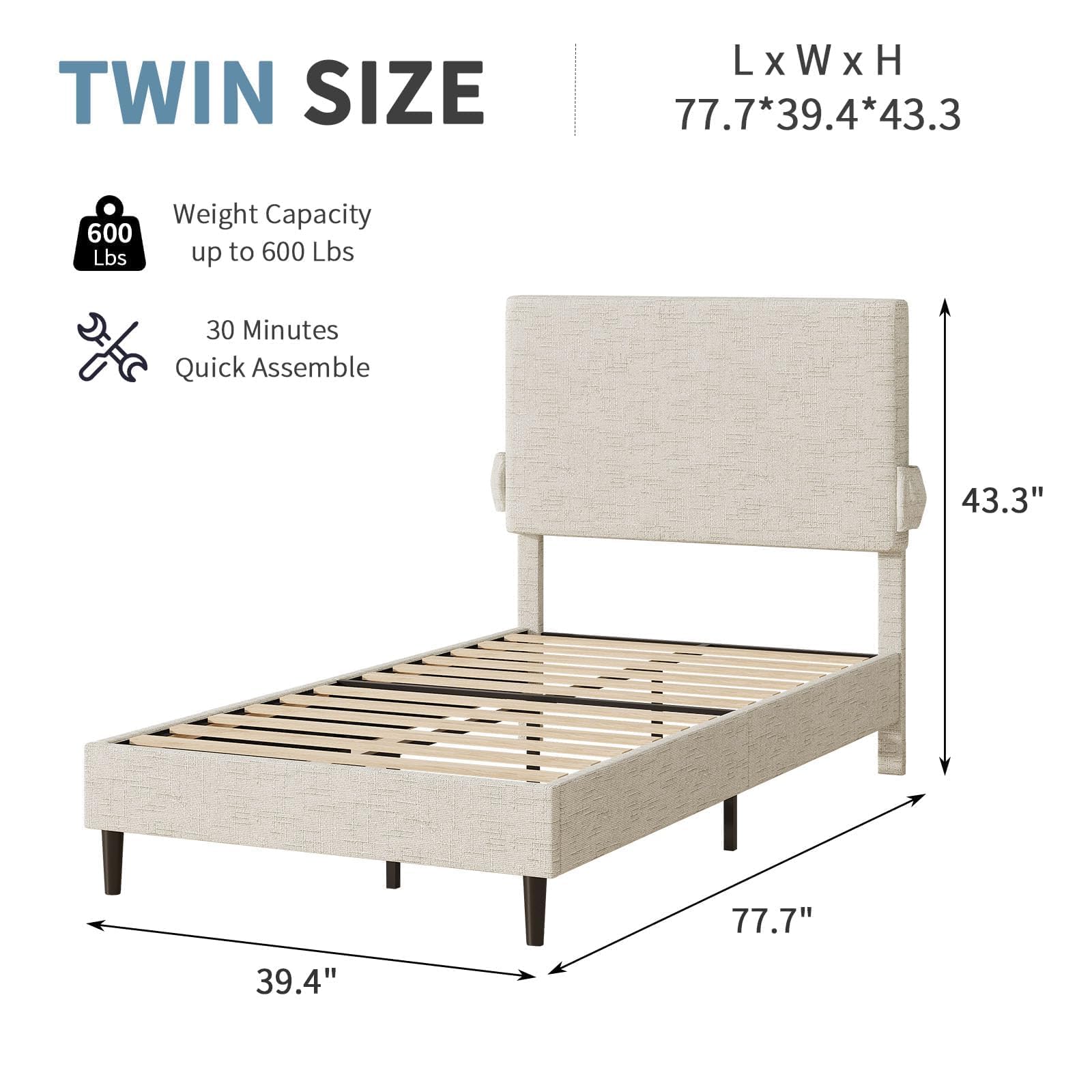 Twin Upholstered Platform Bed with Headboard