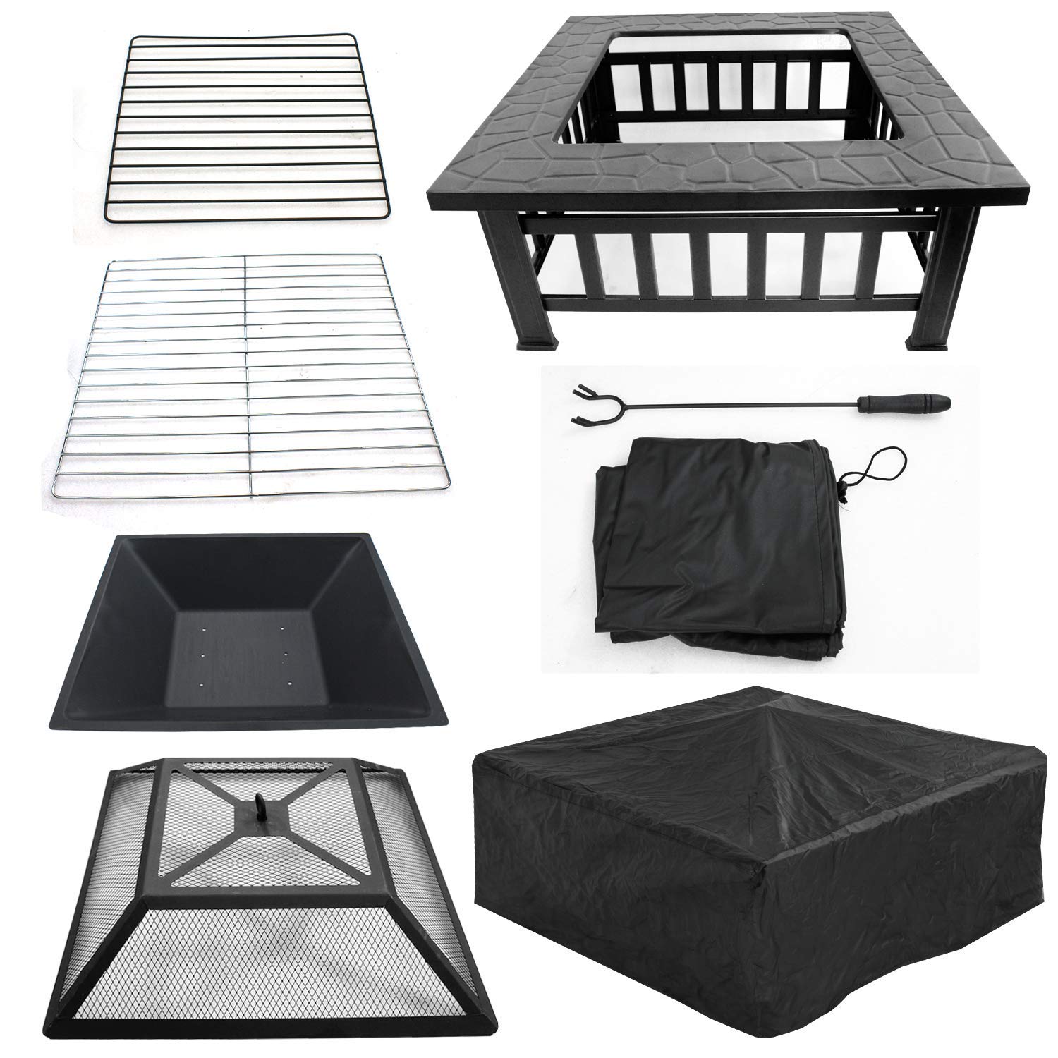 32 Inch Outdoor Fire Pit with Grill Wood Burning Square Metal