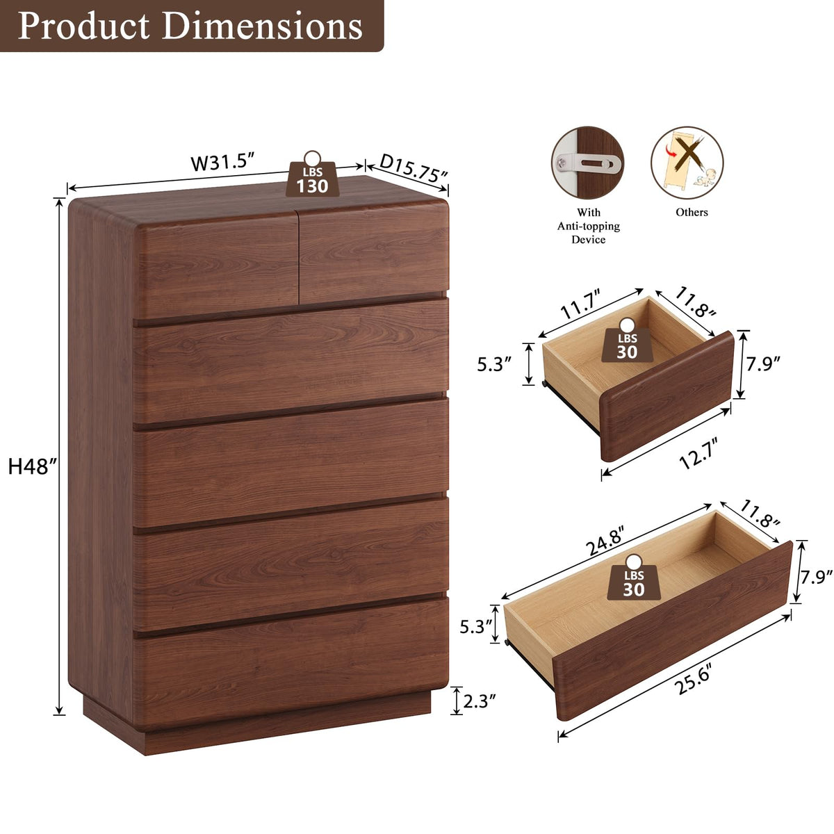 6-Drawer Tall Dresser with Rounded Design – Walnut Chest of Drawers for Bedroom