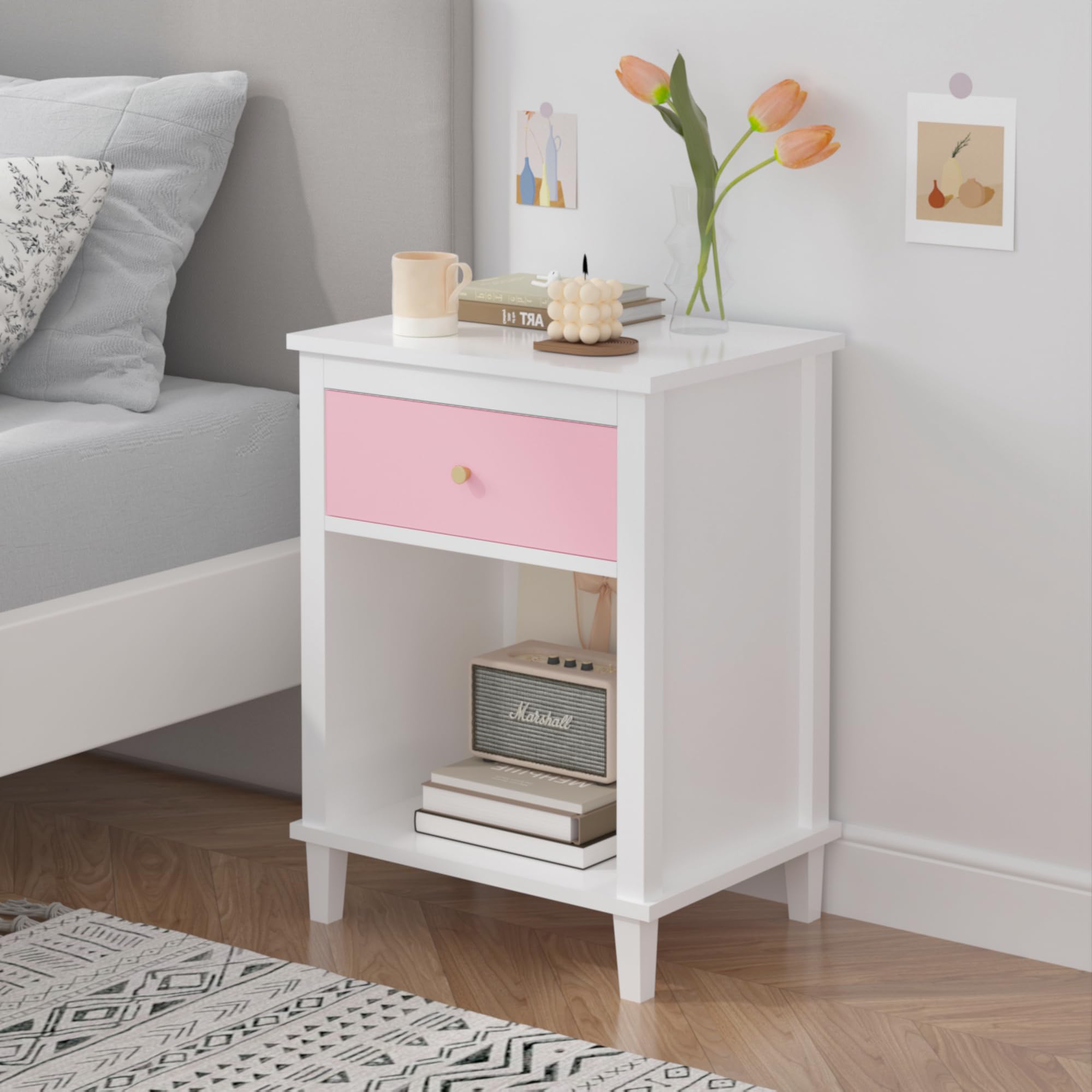 Wooden Nightstand with Drawer and Open Storage Shelf