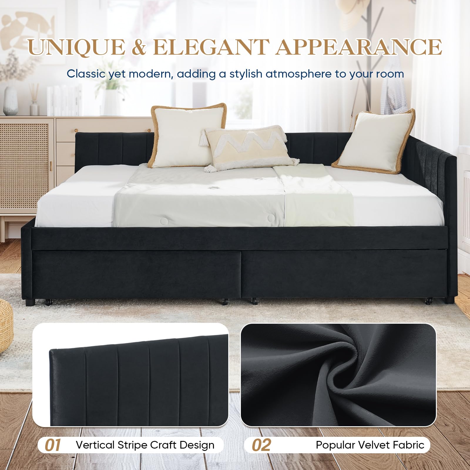 Full Daybed with Storage Drawers and Tufted Velvet Upholstery