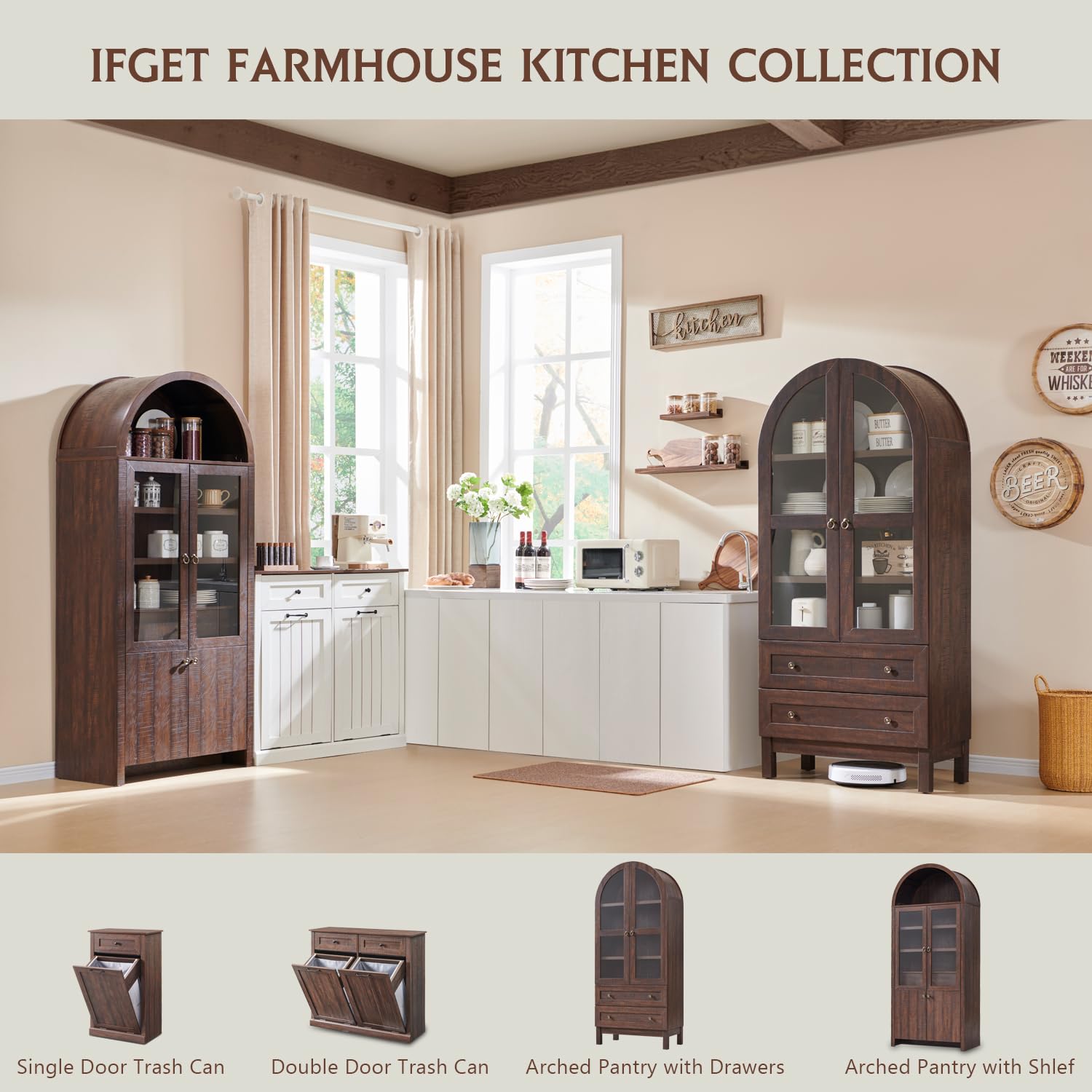 71" Tall Arched Kitchen Pantry Cabinet with Glass Doors and Drawers