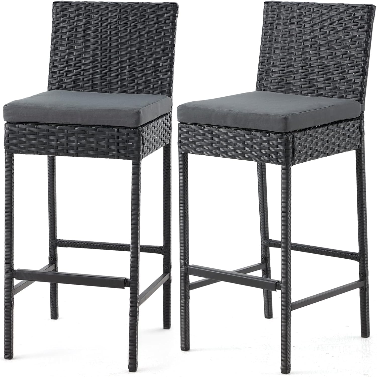 Outdoor Wicker Bar Stools Set of 2 with Footrest and Cushions