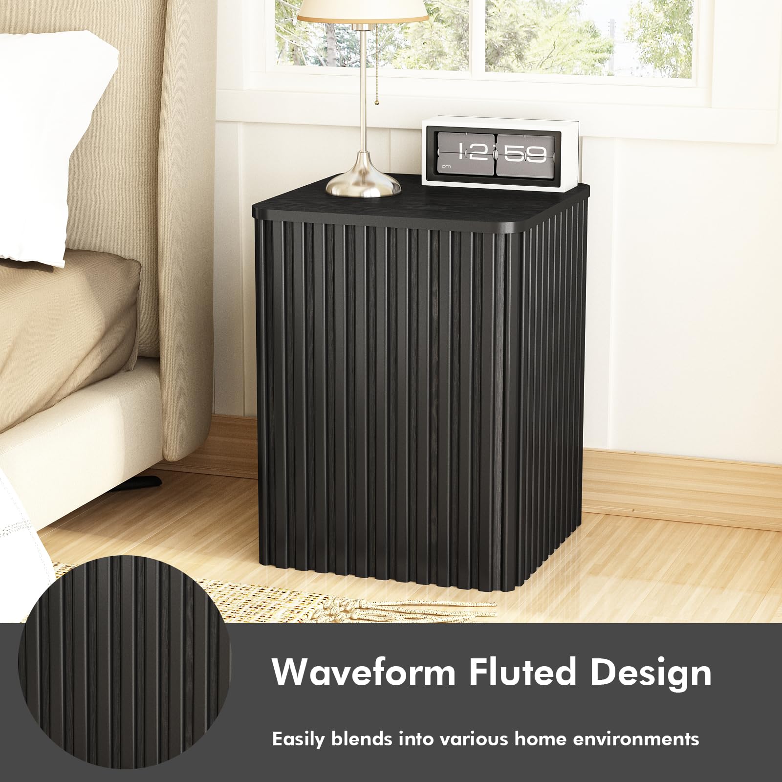 HOKYHOKY Fluted Side Table with Storage-Small Square End Table with Solid Wood Veneer Top, Accent Tables Modern Farmhouse Pedestal Drink Tables for Couch Sofa Living Room,Black