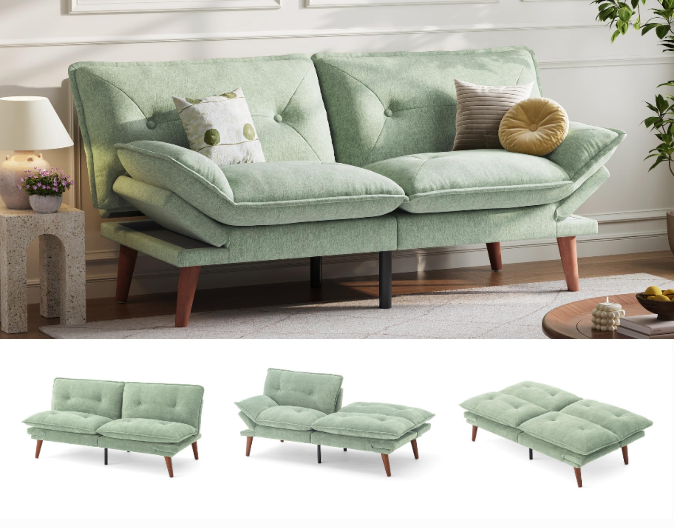 70" Convertible Futon Sofa Bed with Adjustable Backrest and Armrests