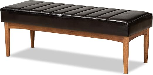 Mid-Century Modern Tan Faux Leather Dining Bench