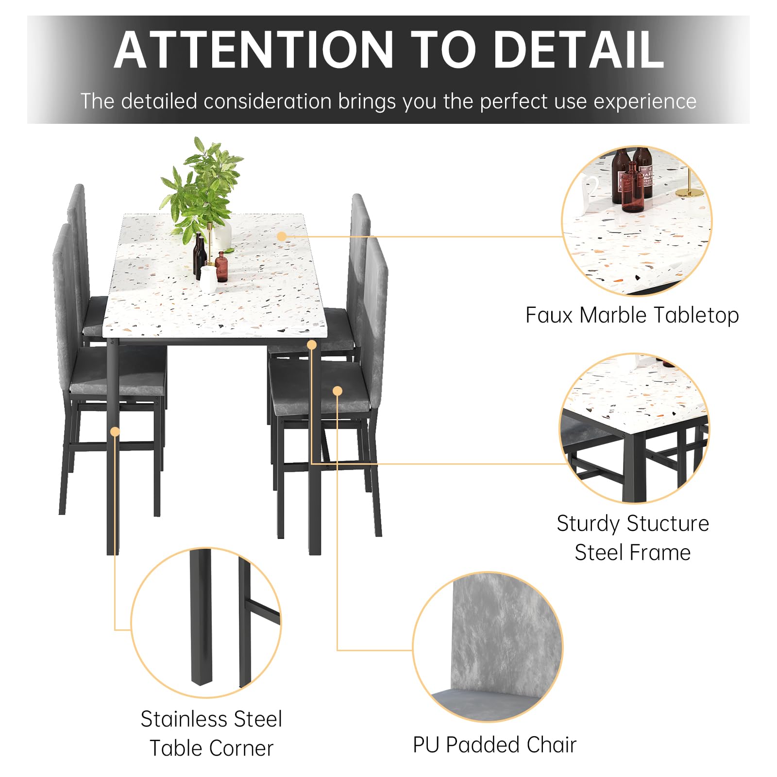 5-Piece Dining Table Set with Upholstered Chairs