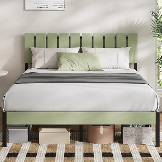 Full Size Bed Frame with Wooden Slatted Headboard