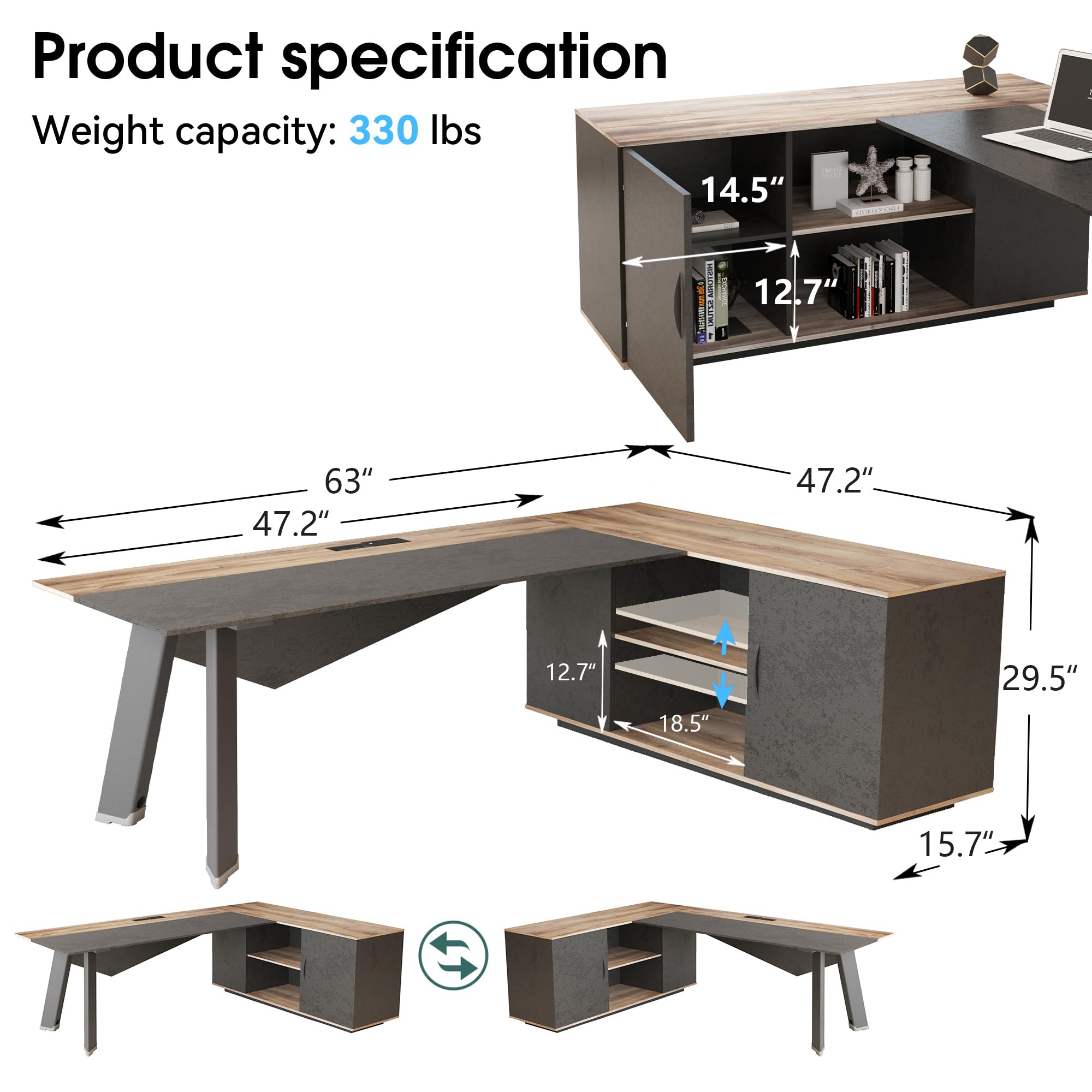 63-Inch L-Shaped Executive Desk with File Cabinet and Storage