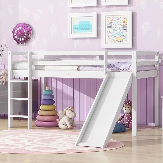 Twin Size Low Loft Bed with Slide and Ladder