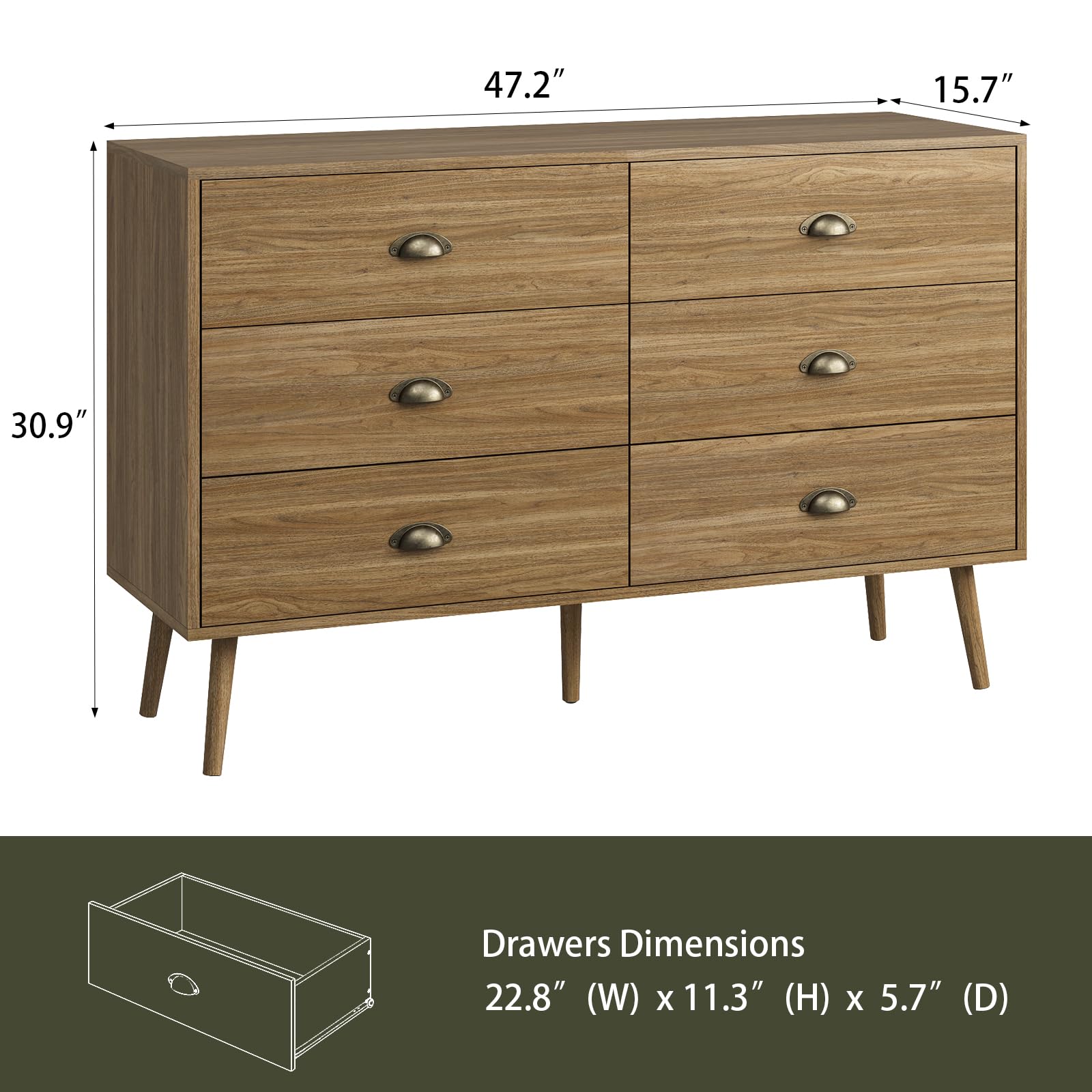 6-Drawer Mid Century Modern Dresser Oak
