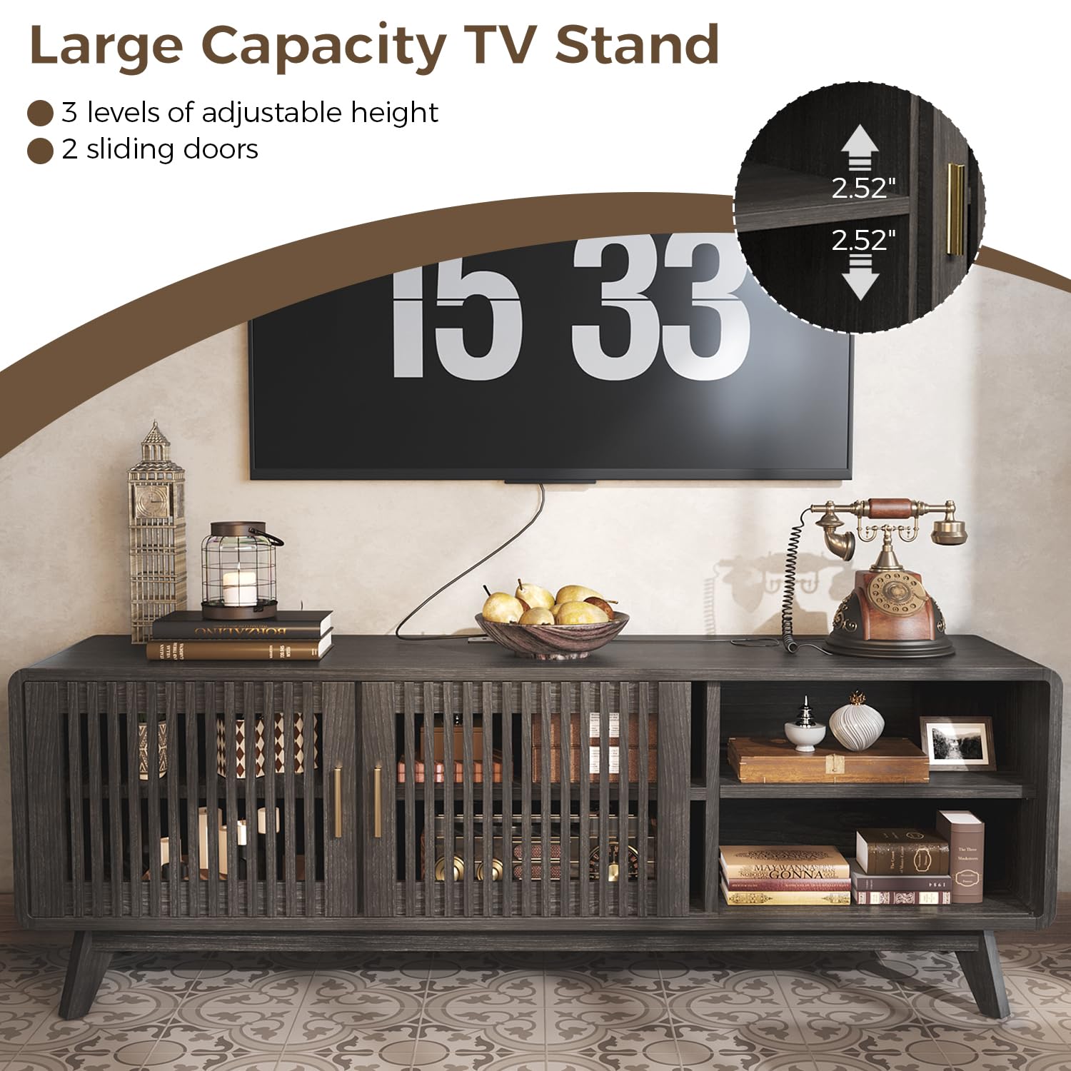 63" TV Stand with Sliding Doors and Charging Station