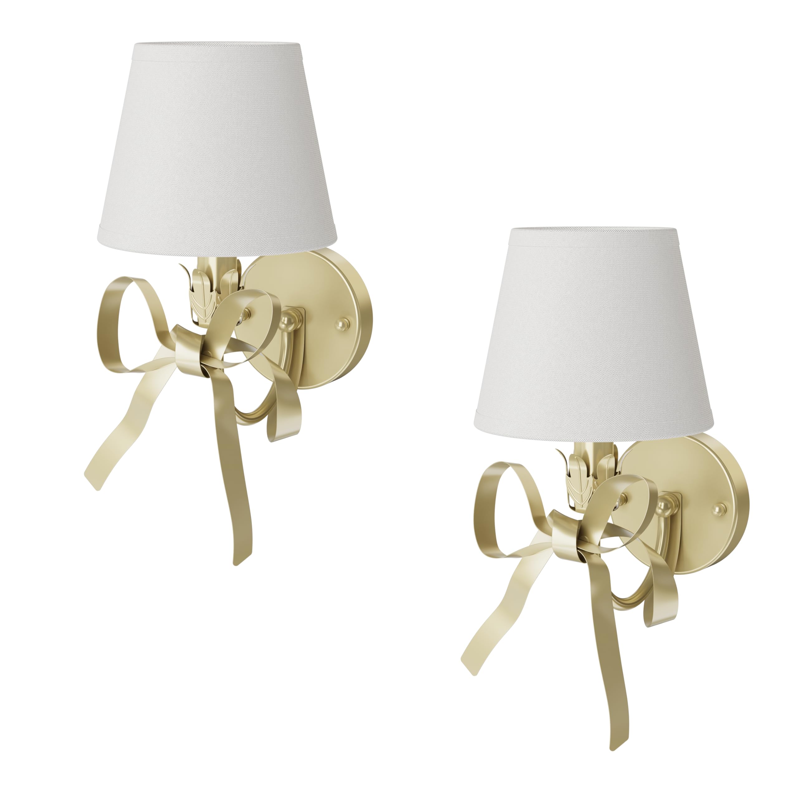 Gold Bow Wall Sconces Set of 2 with White Fabric Shades
