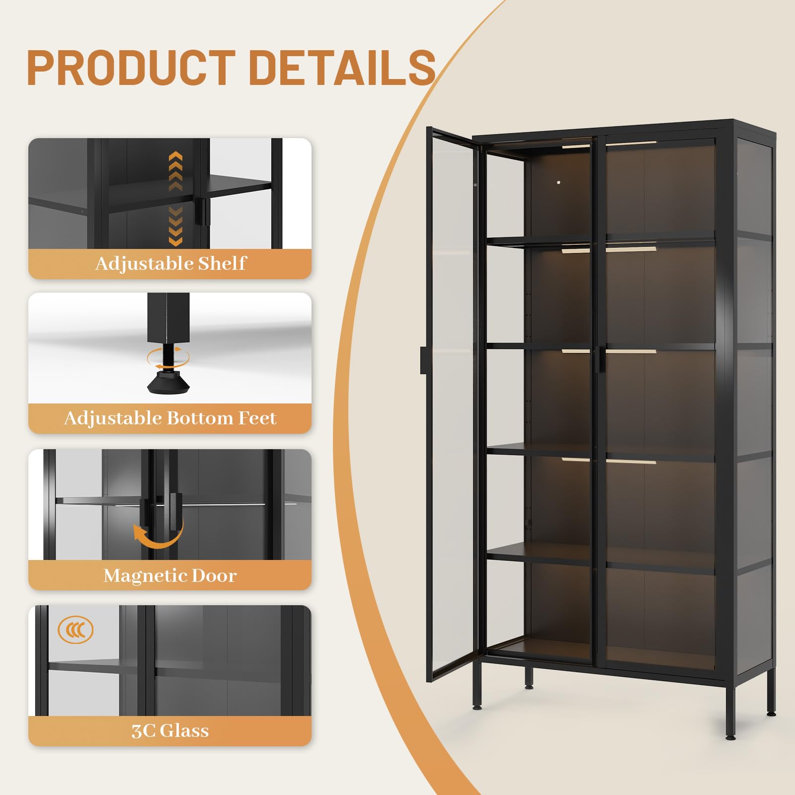 71" Display Cabinet with Glass Doors and LED Lighting