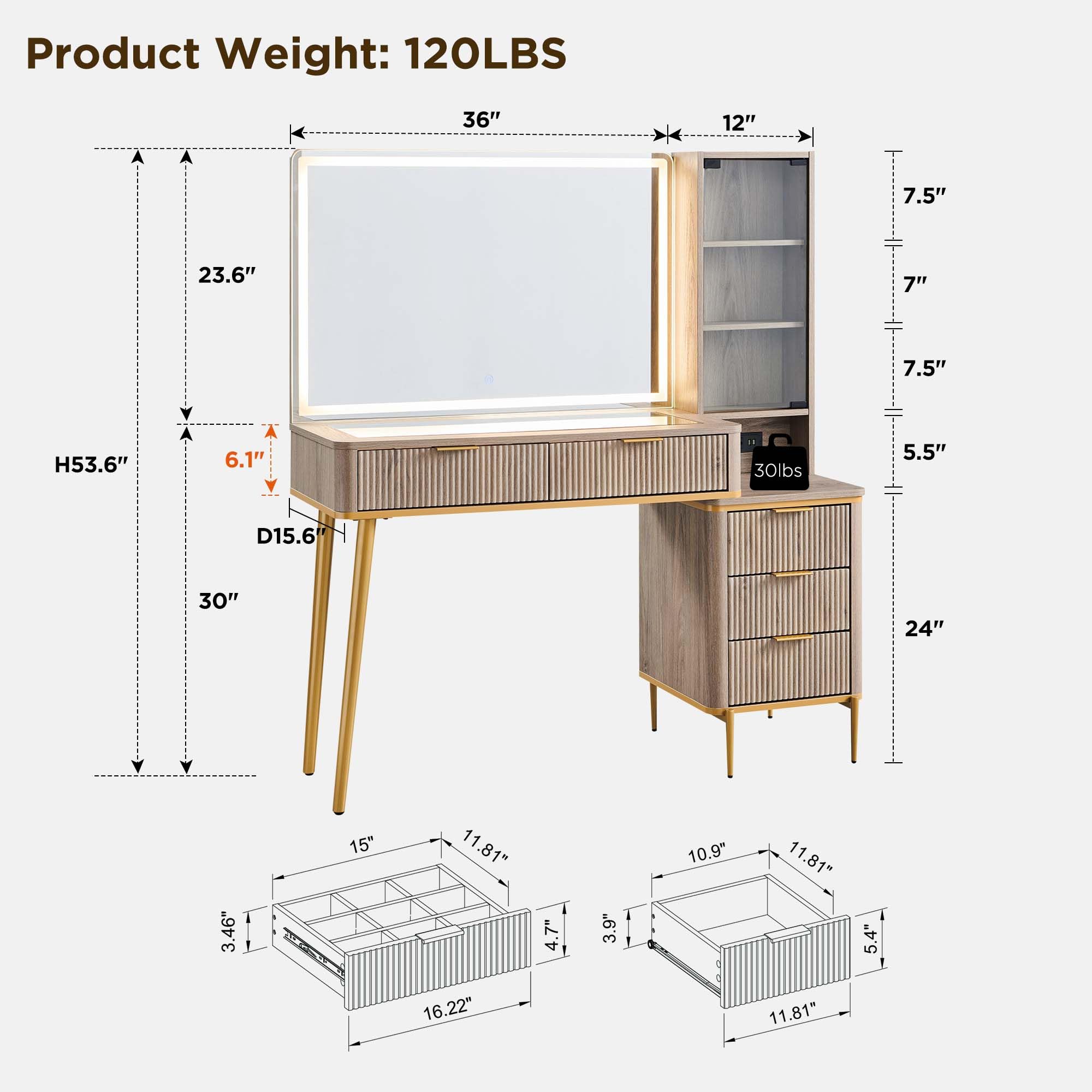 Fluted Makeup Vanity Desk with 36" HD Lighted Mirror
