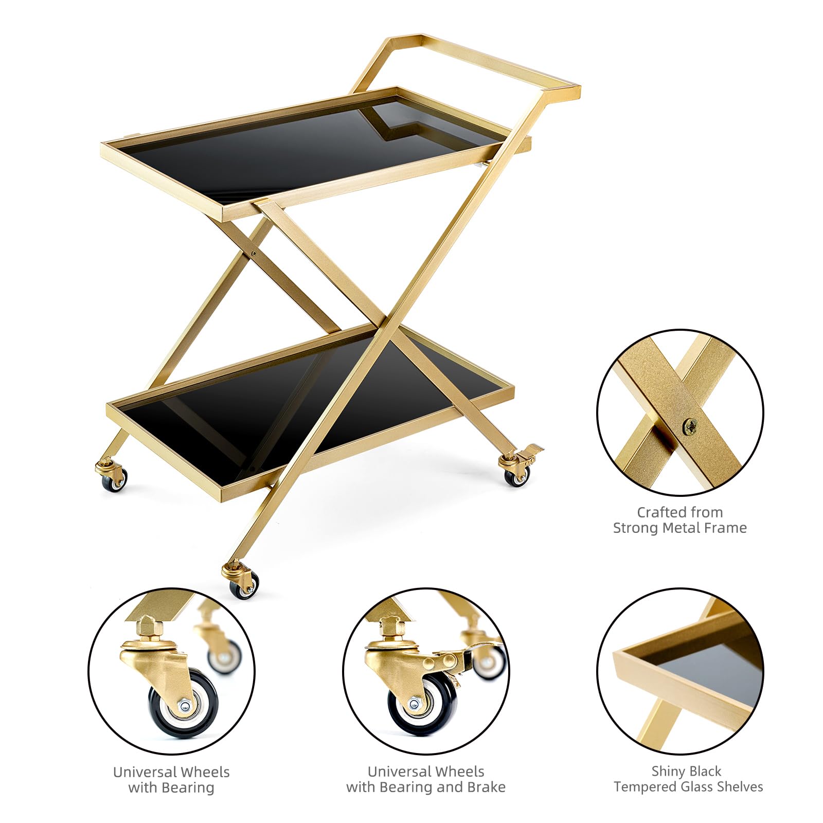 Gold Finish Bar Cart on Wheels with Glass Shelves