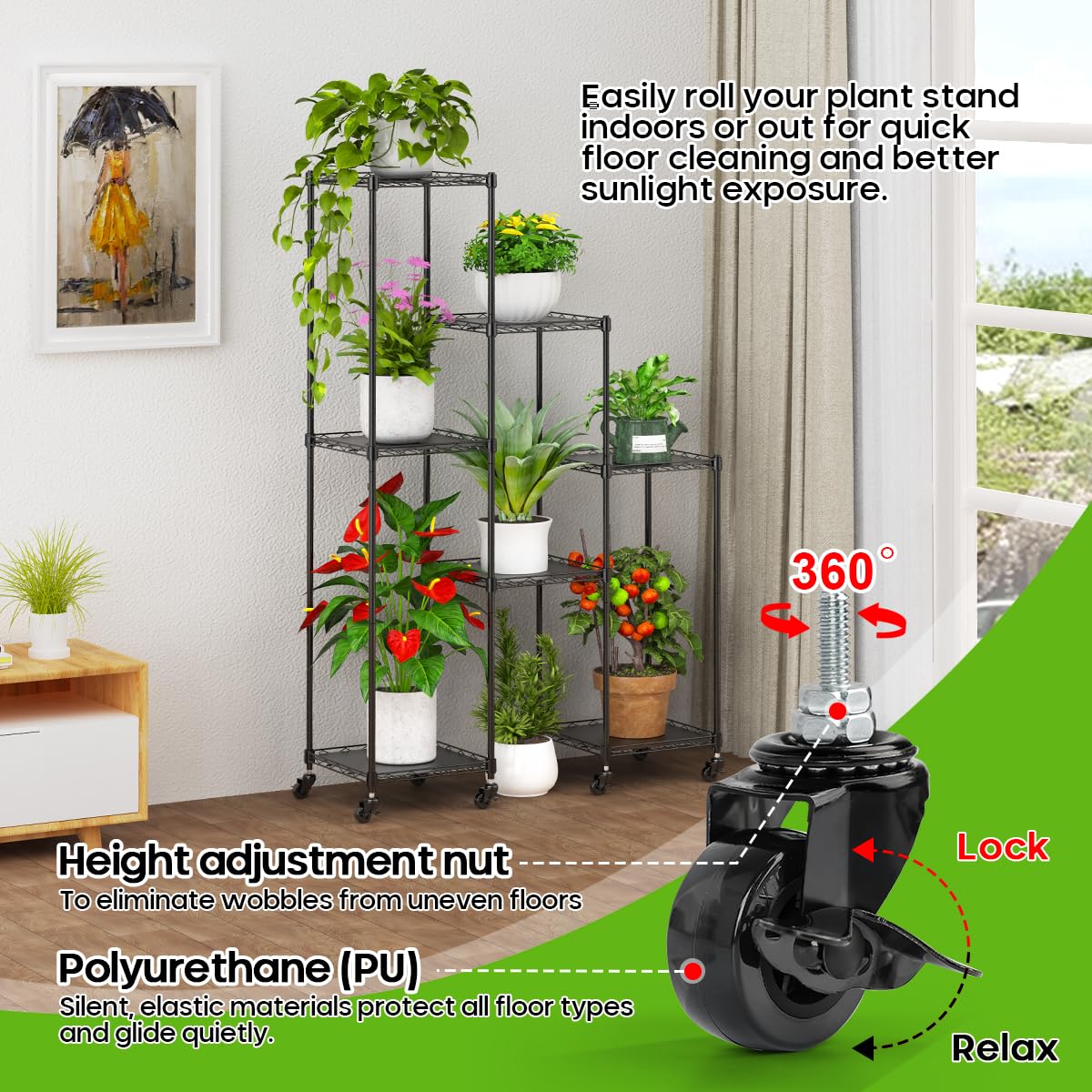 59 Inch Plant Stand with Wheels - 7 Tier Adjustable Metal Display Rack