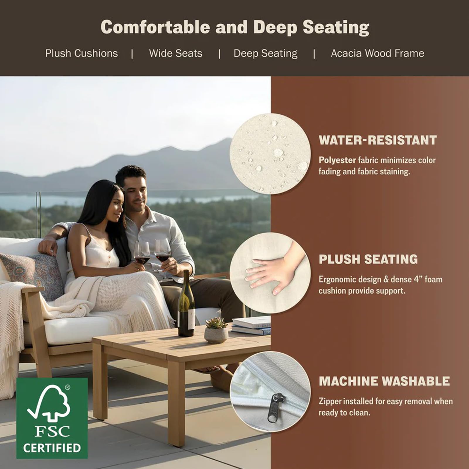 4-Piece Acacia Wood Outdoor Sectional Sofa Set