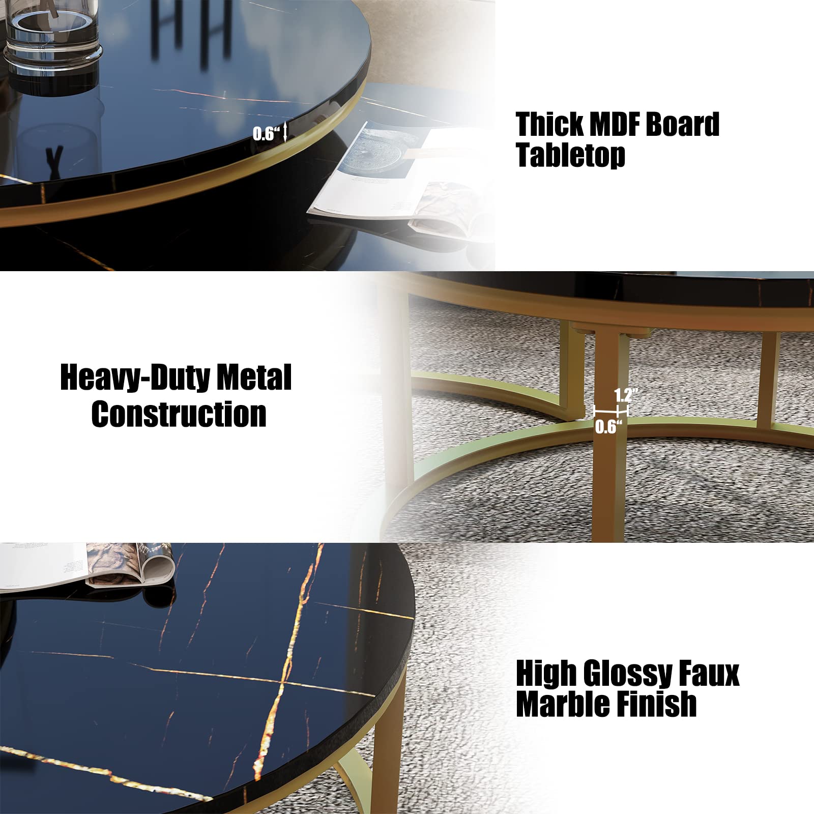 Round Nesting Coffee Table Set of 2 - Modern Gold Frame with Faux Marble Top