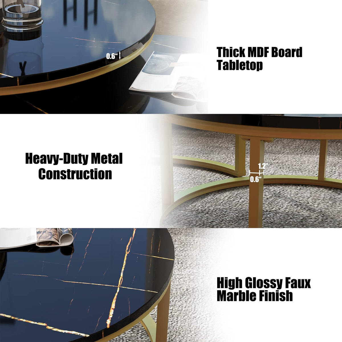 Round Nesting Coffee Tables Set of 2 - Gold Frame with Black Marble Top