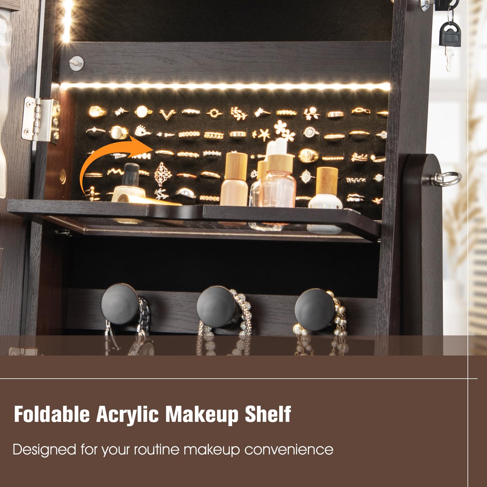 Rolling Jewelry Armoire with Full Length Mirror and LED Lights