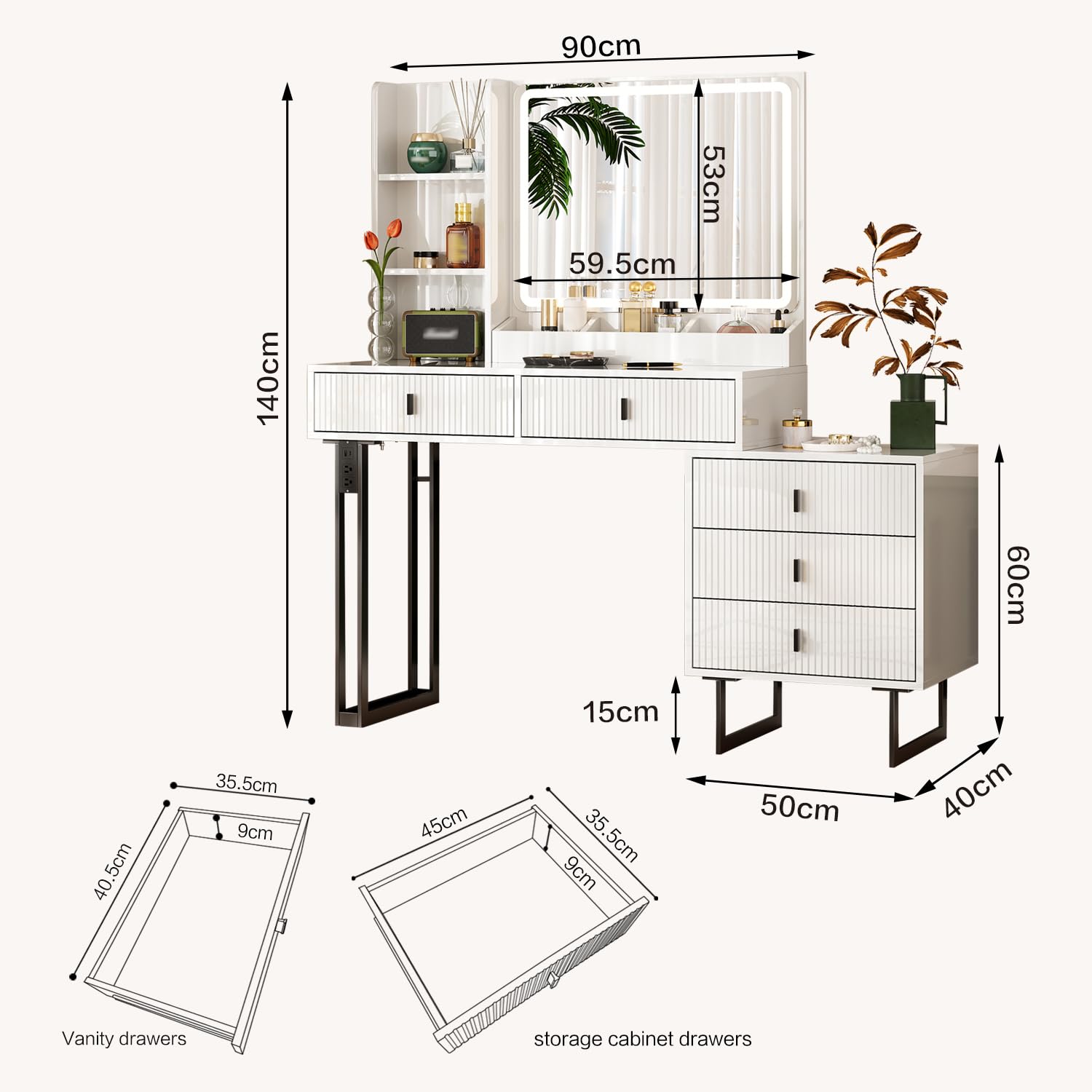 Vanity Desk with Touch Screen Dimming Mirror and Charging Station