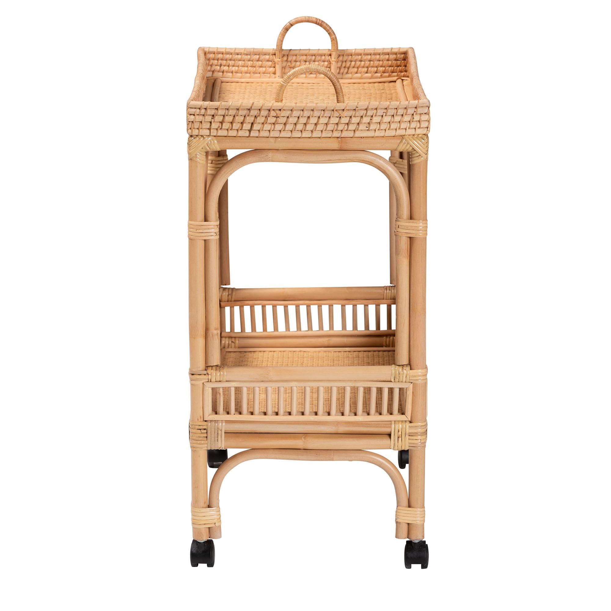 Modern Bohemian Natural Rattan 2-Tier Wine Cart