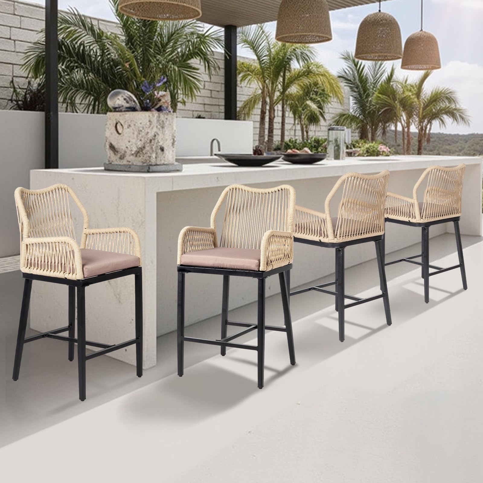Outdoor Counter Height Bar Stools Set of 4 with Backrest