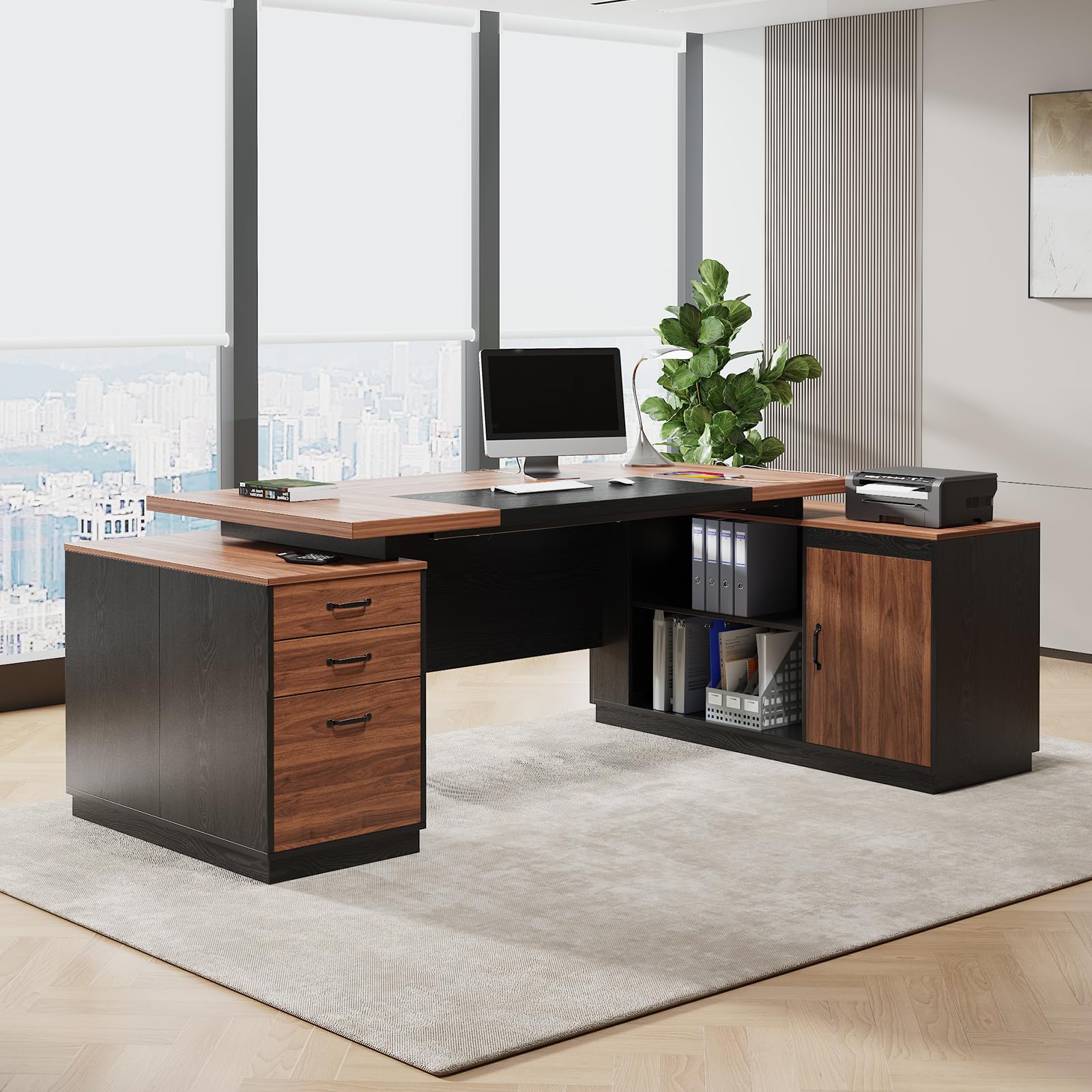 78" L-Shaped Executive Desk with Power Outlets & Storage