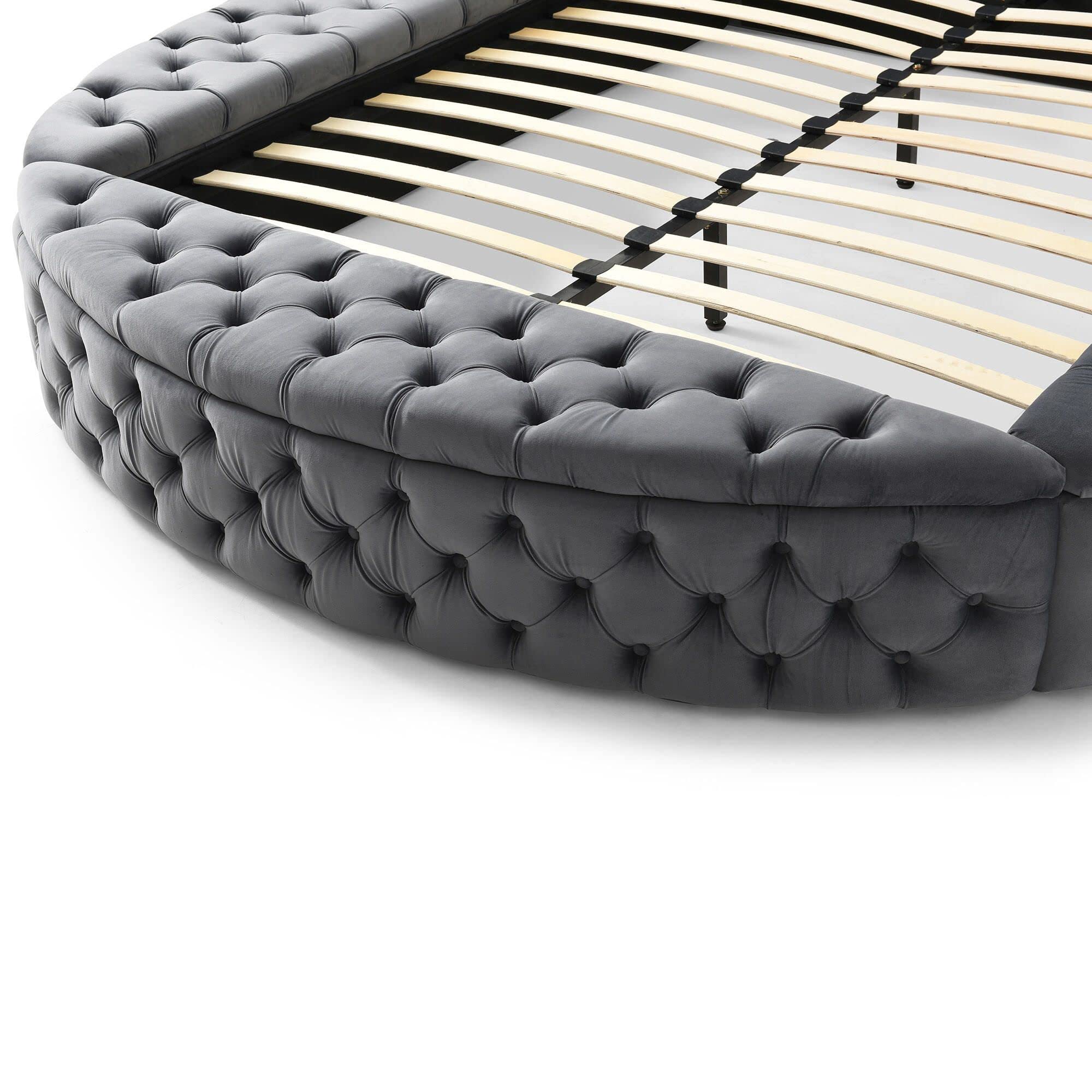 Upholstered Round Storage Bed Grey Velvet Queen