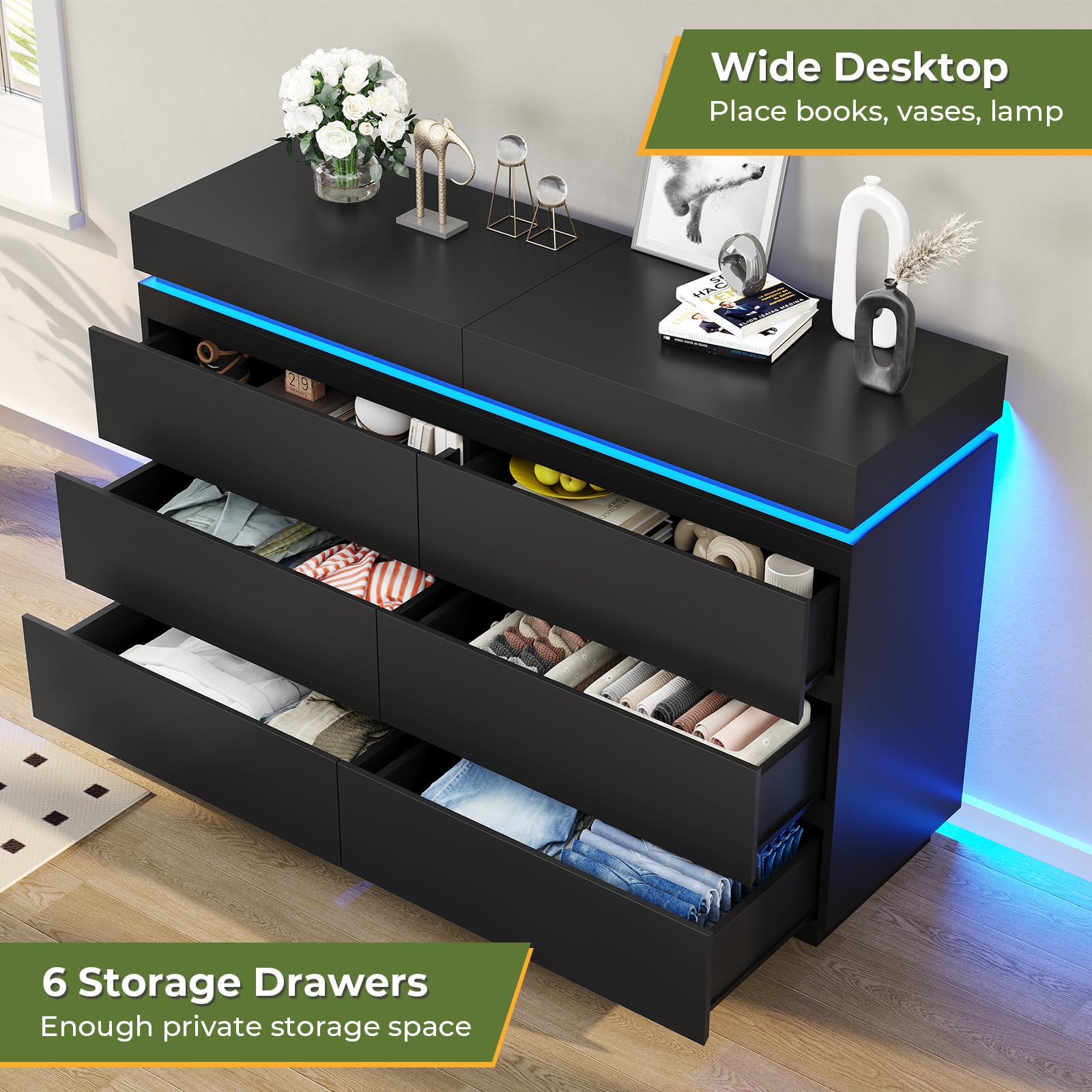 6 Drawer Dresser with Sliding Desktop and Charging Station