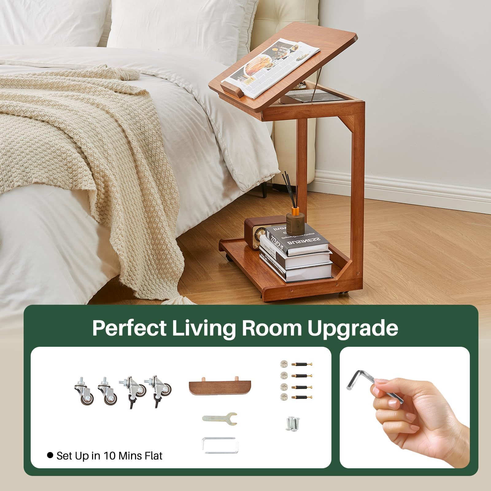C-Shaped Rolling End Table with Wheels