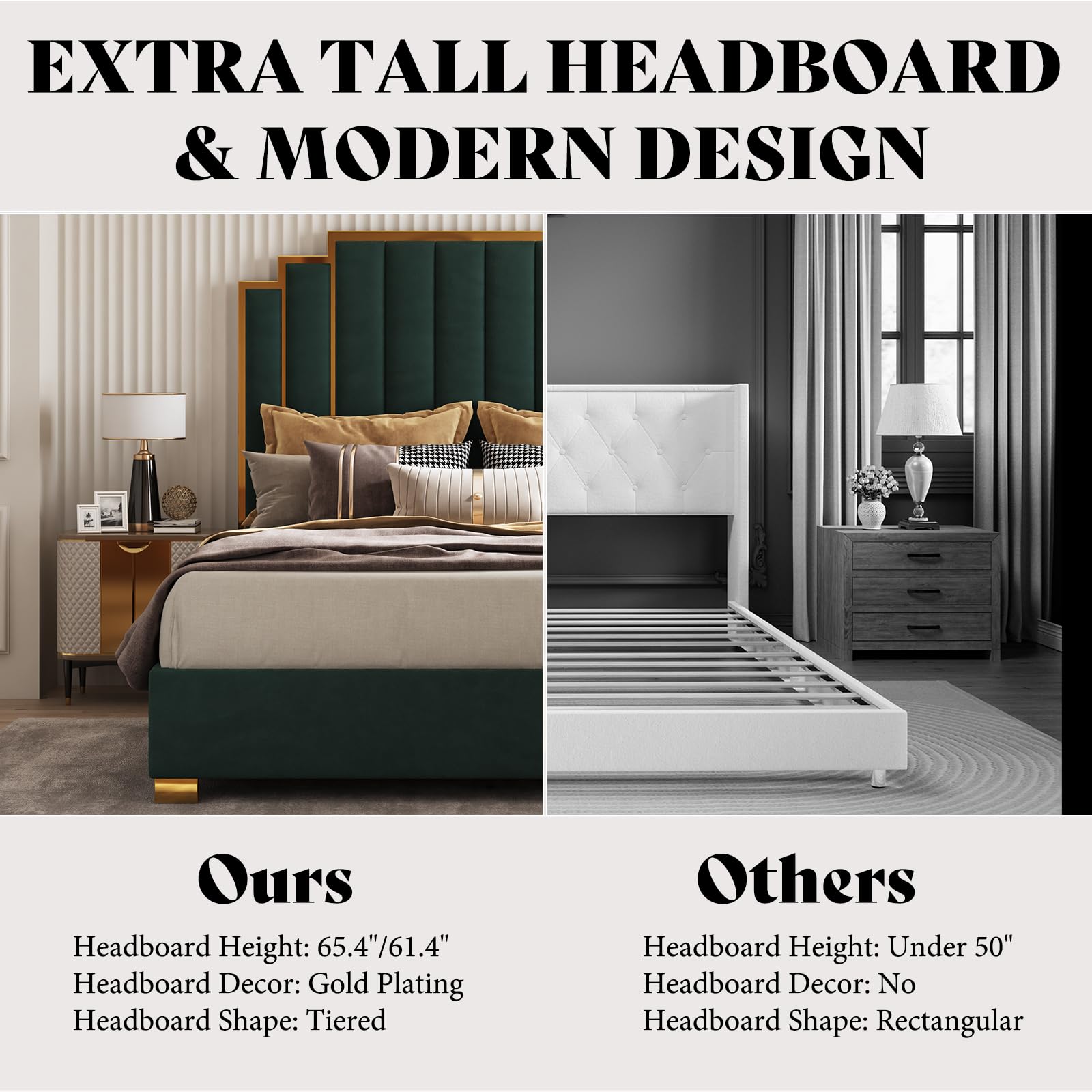 California King Upholstered Bed Frame - Velvet Platform Bed with Gold Trim Headboard