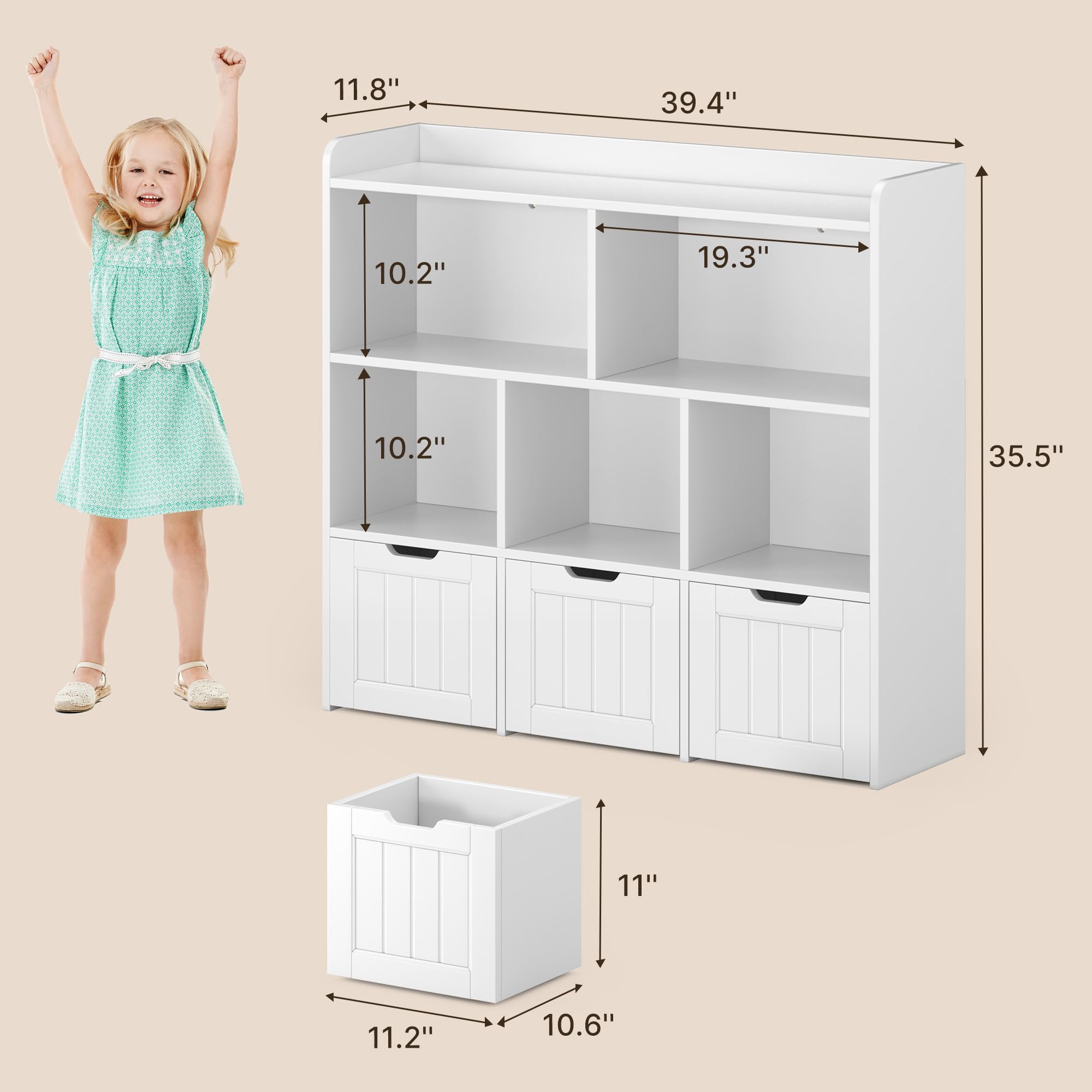 Toy Storage Cabinet with 3 Drawers and 6 Shelves