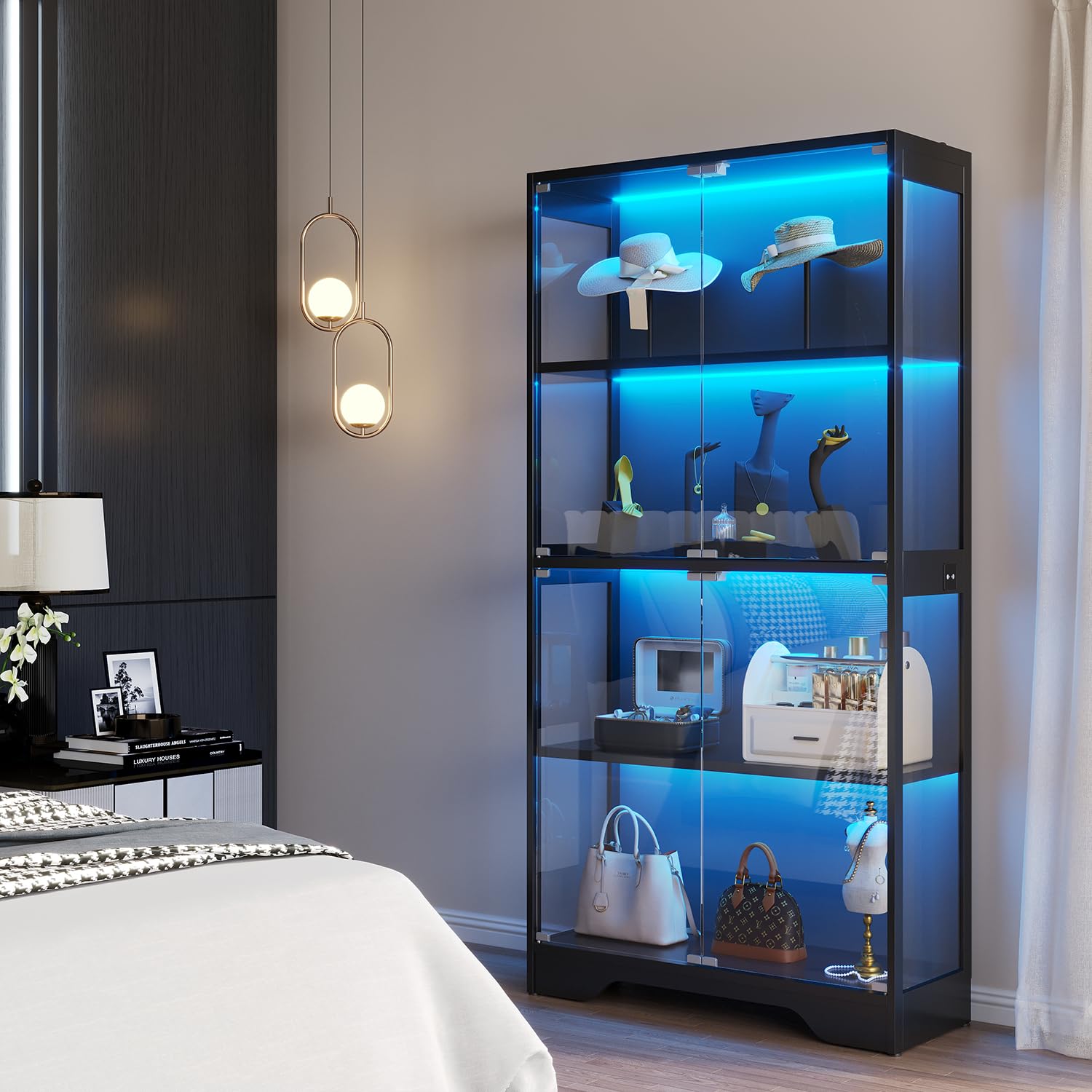 63" Glass Display Cabinet with Human Sensor RGB LED & 4-Tier Wood Shelves