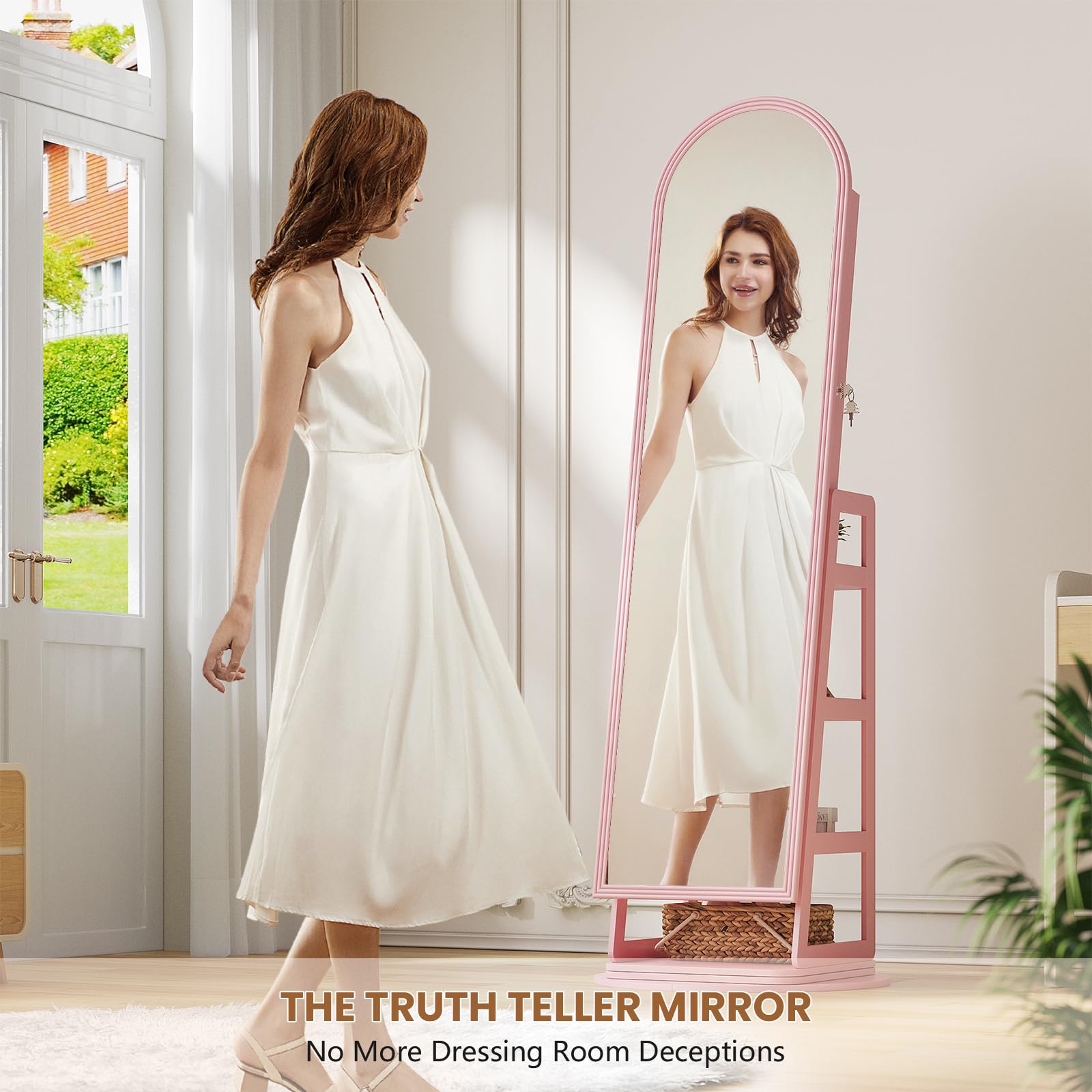 Arched Mirror Jewelry Cabinet with LED & 360° Swivel