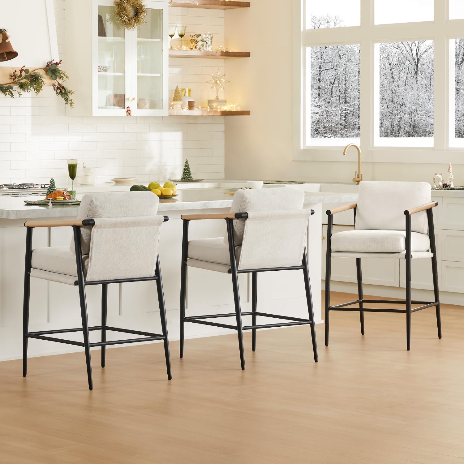 Mid Century Modern Barstools Set of 2 - 26" Counter Height with Wood Armrests