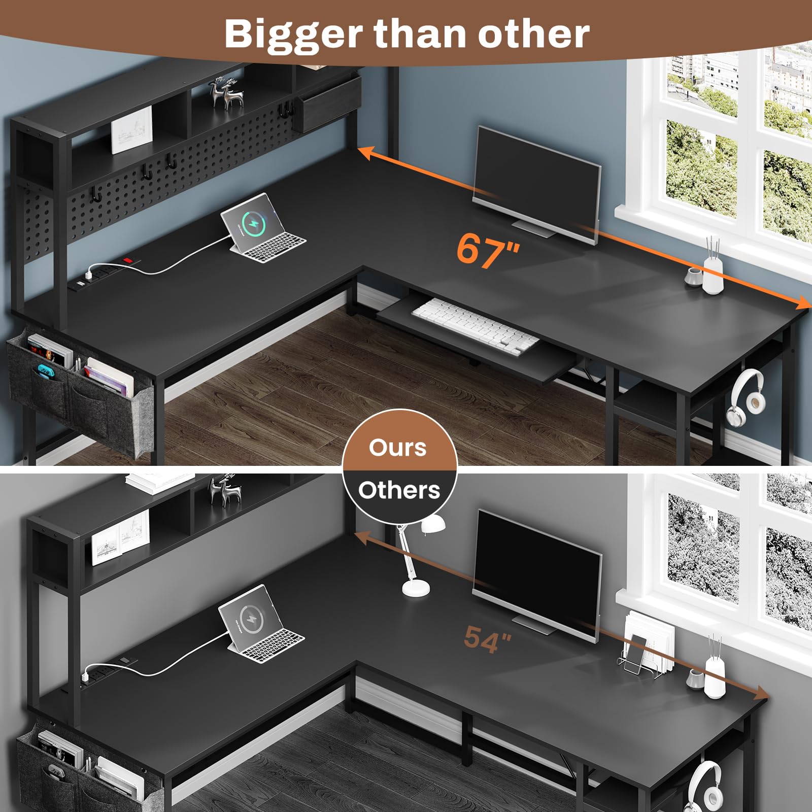 L-Shaped Gaming Desk with Power Outlet and LED Lights