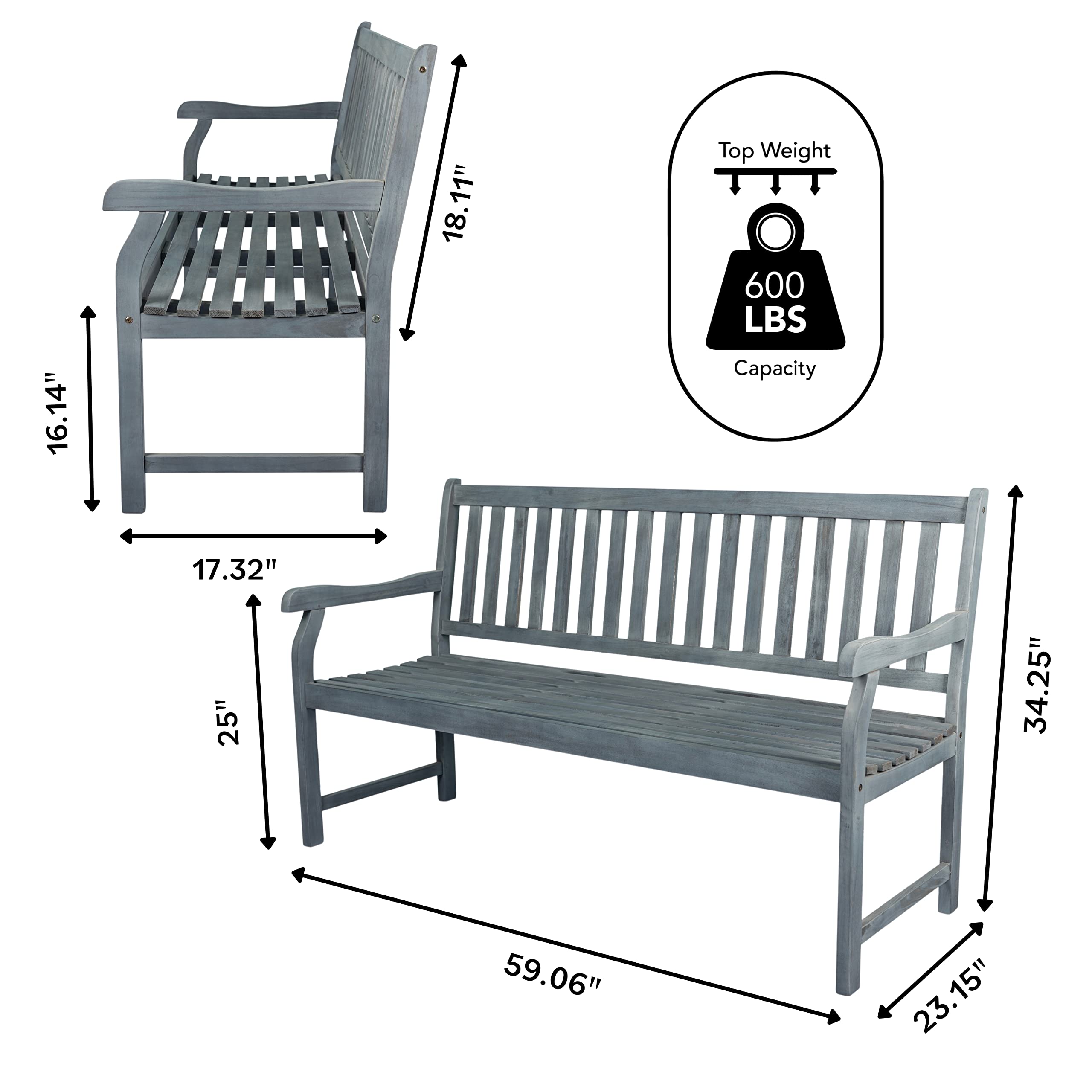 Laurel 59" 3-Seat Acacia Wood Garden Bench
