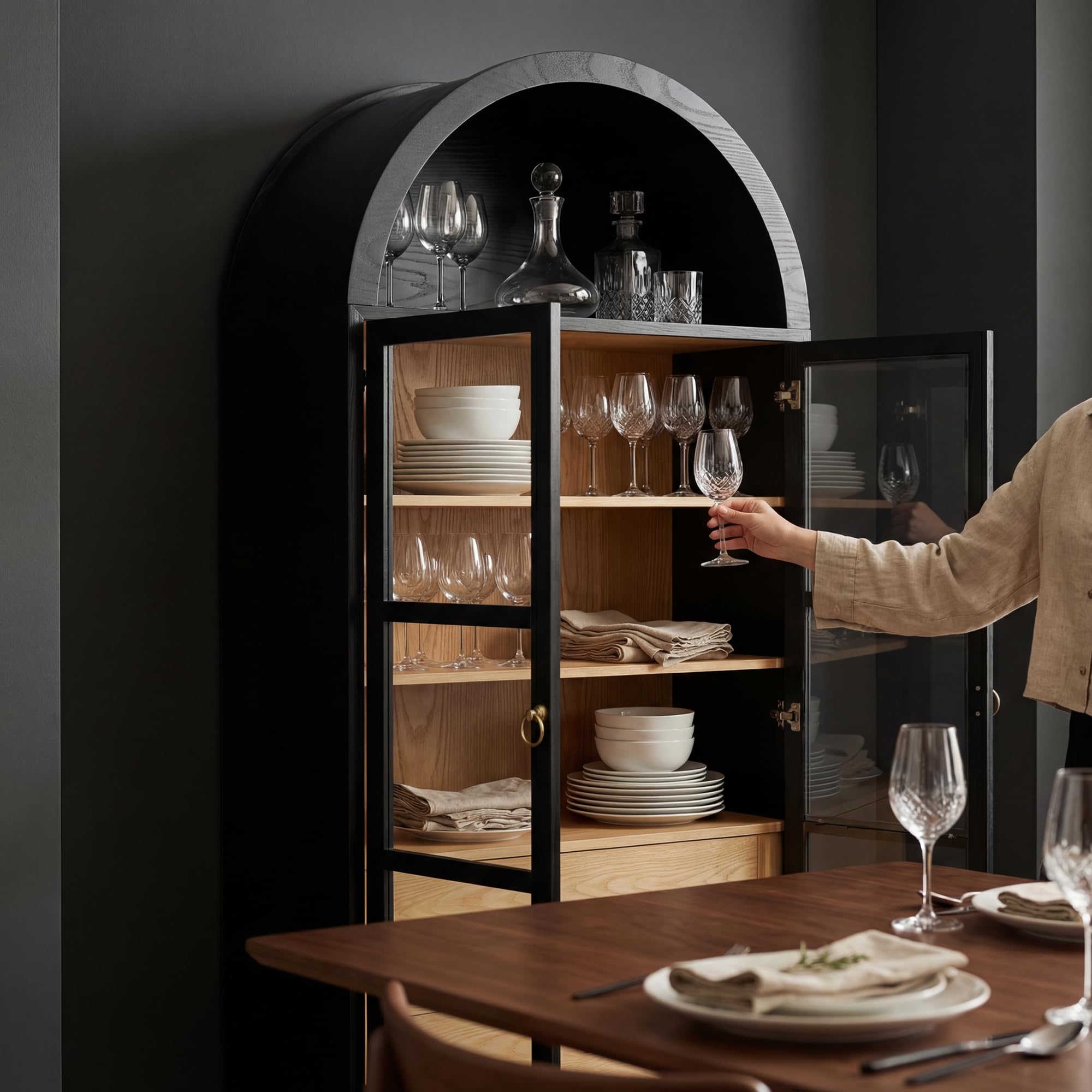 71" Arched Storage Cabinet with Drawers and Glass Doors
