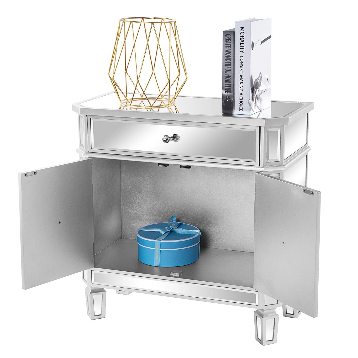 Mirrored Nightstand with Drawer and Two Doors