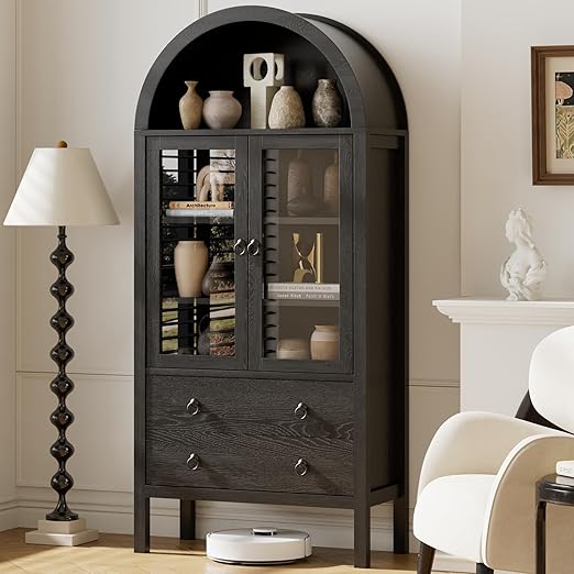 Arched Storage Cabinet with Glass Doors