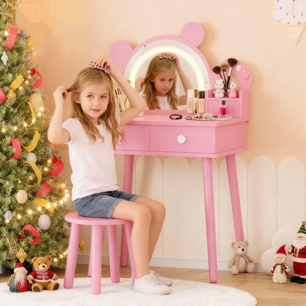 Bear-Shaped Toddler Vanity Set with LED Mirror