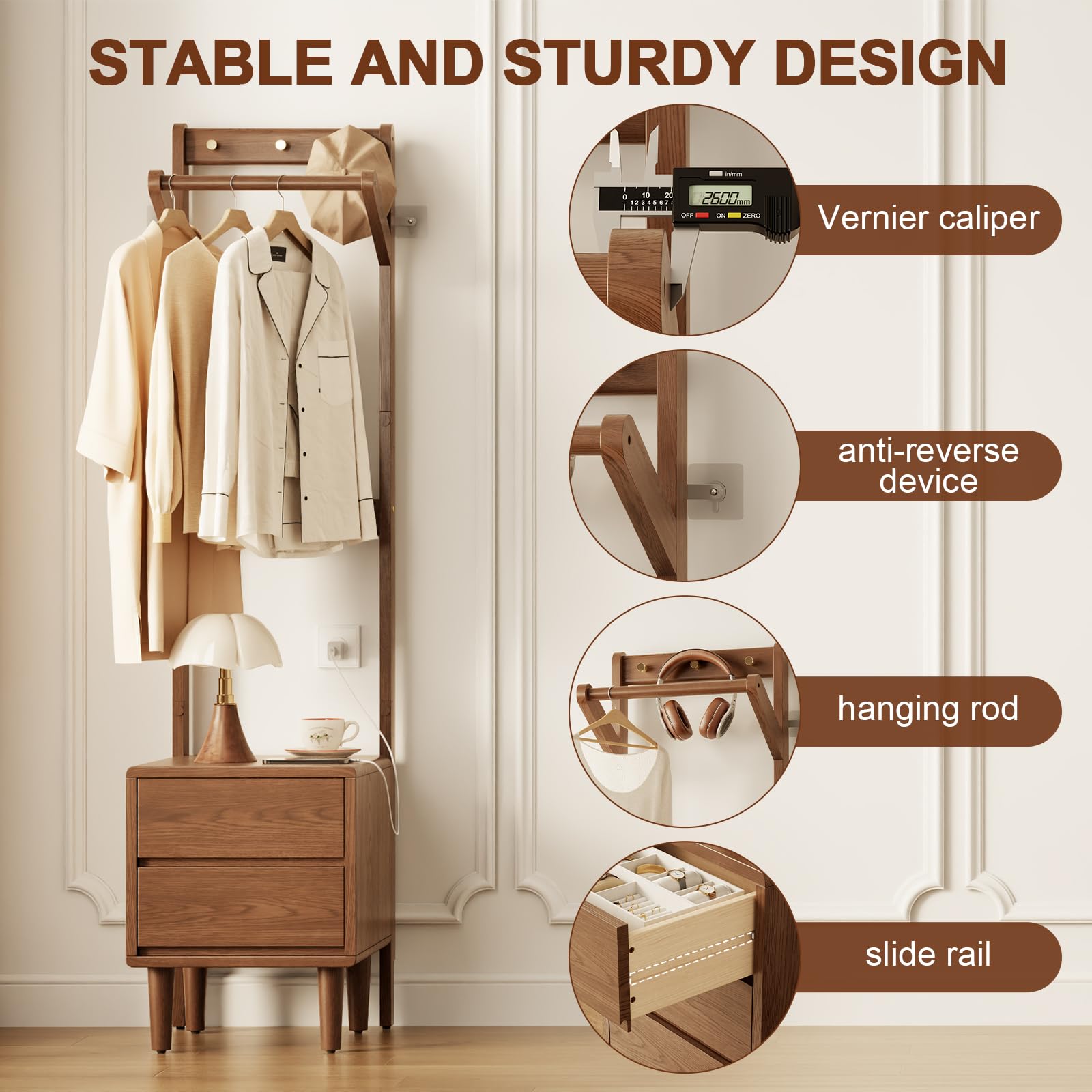 Freestanding Coat Rack with 2 Drawers and 6 Hooks