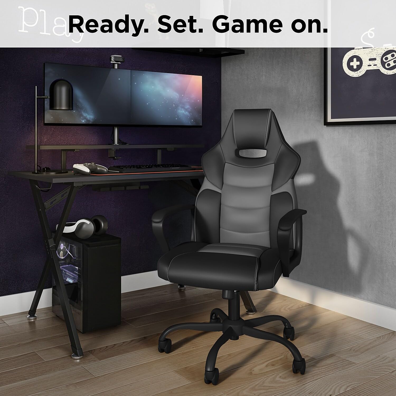Gaming Chair Black & Gray Faux Leather Reclining