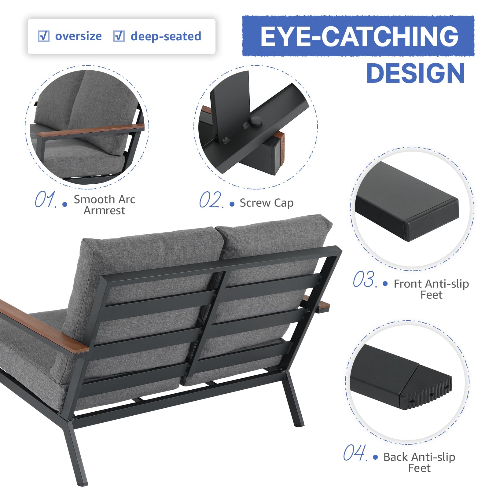 Aluminum Patio Loveseat with Eucalyptus Wood Armrests