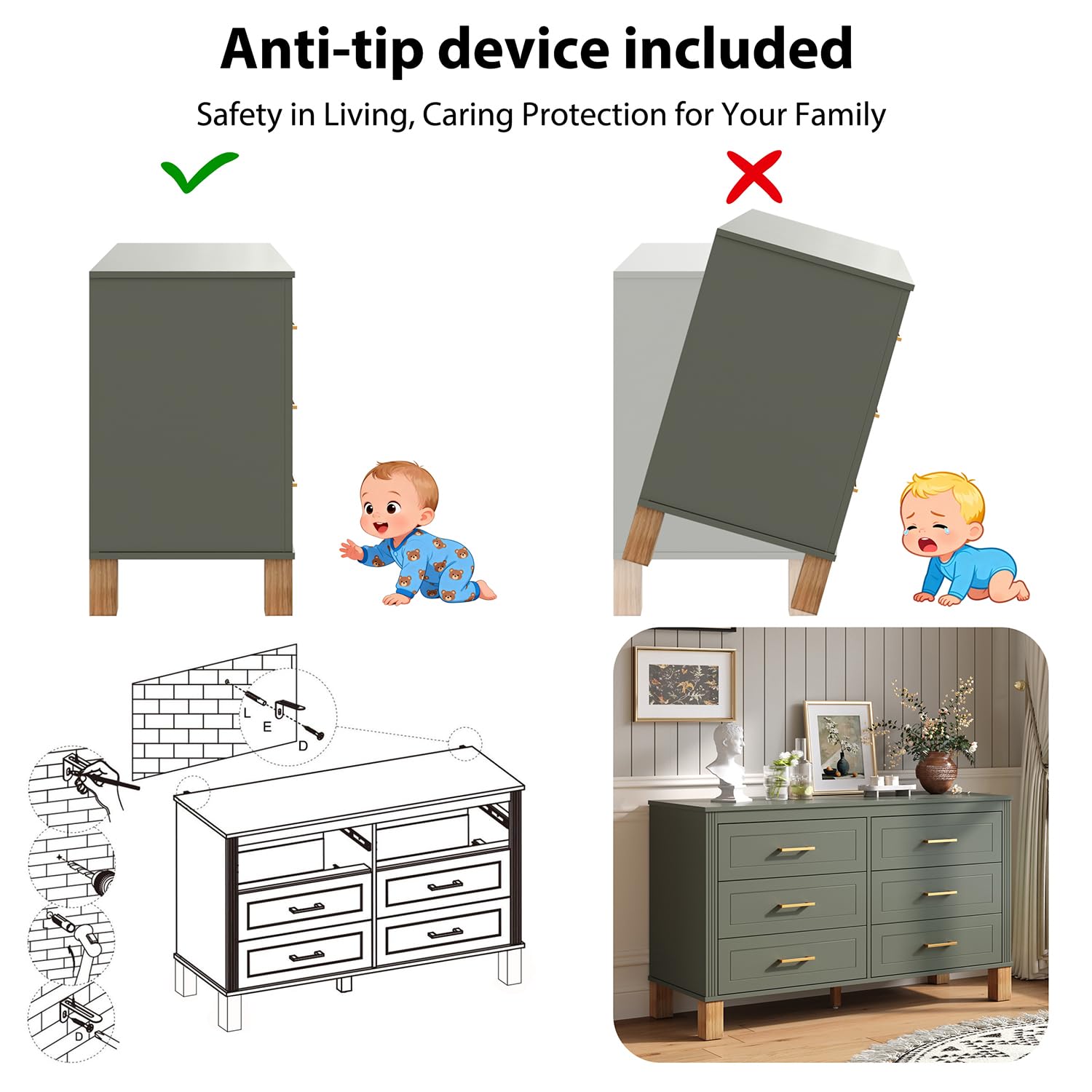 6-Drawer Dresser with Metal Handle and Solid Wood Legs