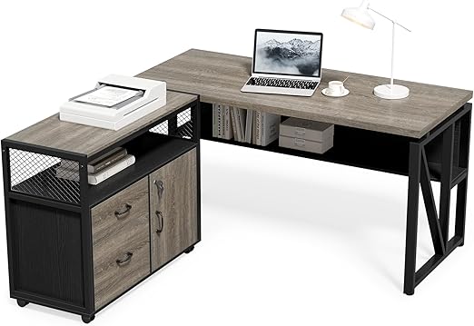 55" Executive L-Shaped Computer Desk with Lateral File Cabinet