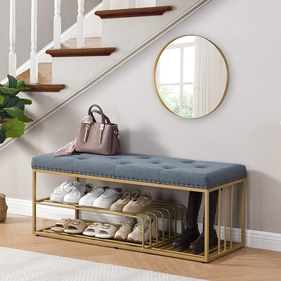 Upholstered Storage Bench with Shoe Rack